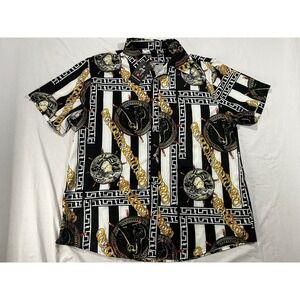 Daupanzees Mens XXL Baroque Chain Stripe Button Down Shirt Black White Gold NEW